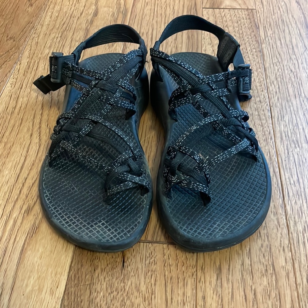 Grey and black Chacos
